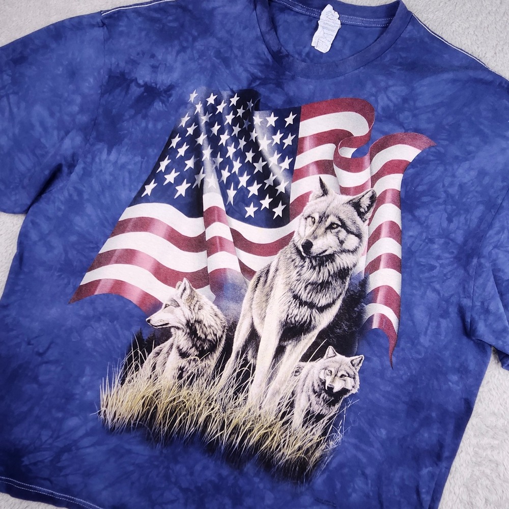 VTG Y2K T-Shirt 3XL Blue Wolf American Flag Tie Dye Streetwear Delta Pro Weight